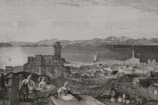 Island of Rhodes. Rhodes. Engraving by Leonce Lhuillier. ""La Tierra Santa y los lugares recorridos por los profetas, por los apostoles y por los cruzados"" (The Holy Land and the sites traversed by the prophets, by the apostles and by the crusaders). Published in Barcelona by the printing house of Joaquin Verdaguer, 1840.