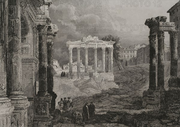 Roman Forum. Engraving by Leonce Lhuillier. ""La Tierra Santa y los lugares recorridos por los profetas, por los apostoles y por los cruzados"" (The Holy Land and the sites traversed by the prophets, by the apostles and by the crusaders). Published in Barcelona by the printing house of Joaquin Verdaguer, 1840.