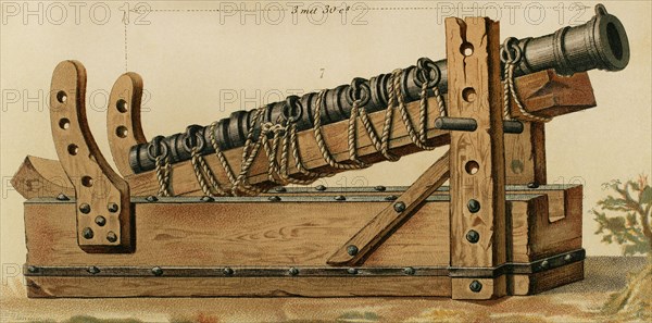 Middle Ages. Portable firearm. 13th century.. Bombard. Cromolithography. "Historia General de España" by Modesto Lafuente. Volume II. Published in Barcelona, 1879.