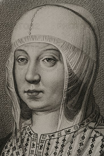 Isabella I (1451-1504). Queen of Castile (1474-1504). Queen consort of Aragon for her marriage to Ferdinand II of Aragon. Portrait. Engraving by Masson. Lithographed by Magín Pujadas. Detail. Historia General de España, by Modesto Lafuente. Volume II. Published in Barcelona, 1879.