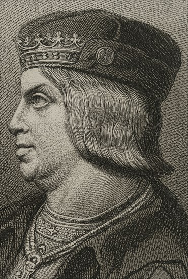 Ferdinand II of Aragon, called The Catholic (1452-1516). King of the Crown of Aragon. King of Castile as Ferdinand V (1474-1504). Portrait. Engraving by Masson. Lithographed by Magín Pujadas. Detail. "Historia General de España", by Modesto Lafuente. Volume II. Published in Barcelona, 1879.