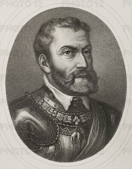 Charles V (1500-1558). Holy Roman Emperor and Archduke of Austria (1519-1556), king of Spain (1516-1556) and Lord of the Netherlands as titular Duke of Burgundy (1506-1555). Portrait. Engraving by Masson. Lithographed by Magín Pujadas. "Historia General de España", by Modesto Lafuente. Volume II. Published in Barcelona, 1879.