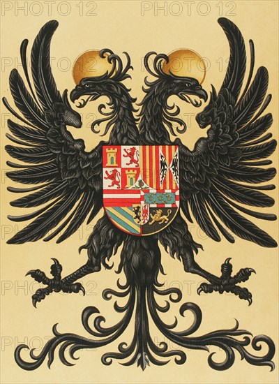 Royal Standard of Charles I of Spain and V of Germany (1500-1558). Two-headed imperial eagle. All his possessions are depicted inside: Castile, Leon, Aragon, Granada, Sicily, Burgundy, Bramante, Austria, escutcheon of Flanders and Tyrol. Chromolithography. Chromolithography. Historia General de España, by Modesto Lafuente. Volume II. Published in Barcelona, 1879.