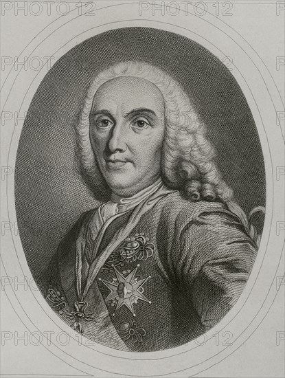 Philip V (1683-1746). King of Spain (1700-1746). Portrait. Engraving by Masson. Lithographed by Magín Pujadas. "Historia General de España" by Modesto Lafuente. Volume IV. Published in Barcelona, 1879.