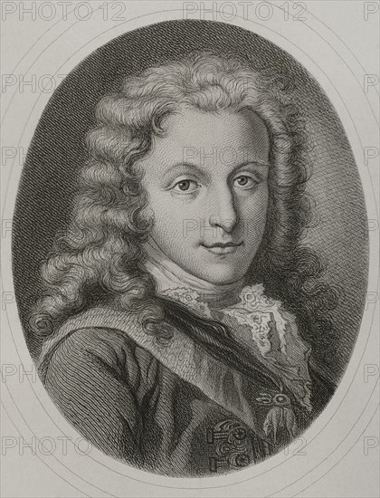 Louis I (1707-1724). King of Spain from 15 January 1724 until his death on 31 August 1724. Portrait. Engraving by Masson. Lithographed by Magín Pujadas. "Historia General de España, by Modesto Lafuente". Volume IV. Published in Barcelona, 1879.