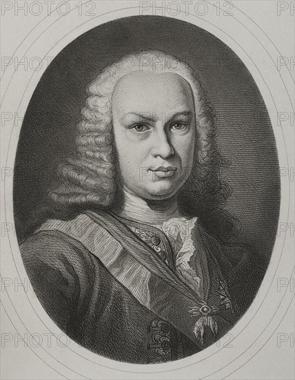 Ferdinand VI (1713-1759). King of Spain (1746-1759). Bourbon dynasty. Portrait. Engraving by Masson. Lithographed by Magín Pujadas. "Historia General de España", by Modesto Lafuente. Volume IV. Published in Barcelona, 1879.