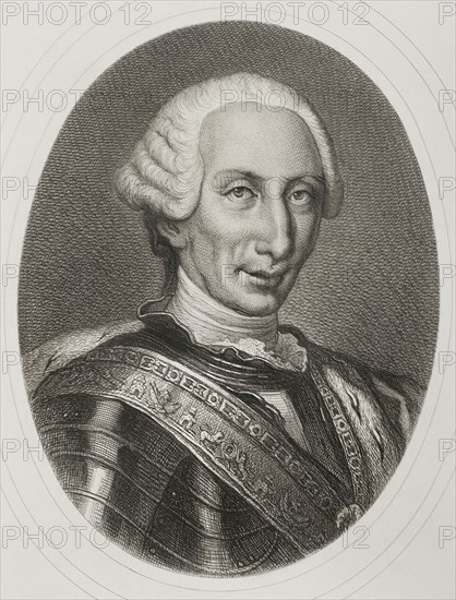 Charles III (1716-1788). King of Spain. Bourbon dynasty. Portrait. Engraving by Masson. Lithographed by Magín Pujadas. "Historia General de España", by Modesto Lafuente. Volume IV. Published in Barcelona, 1879.