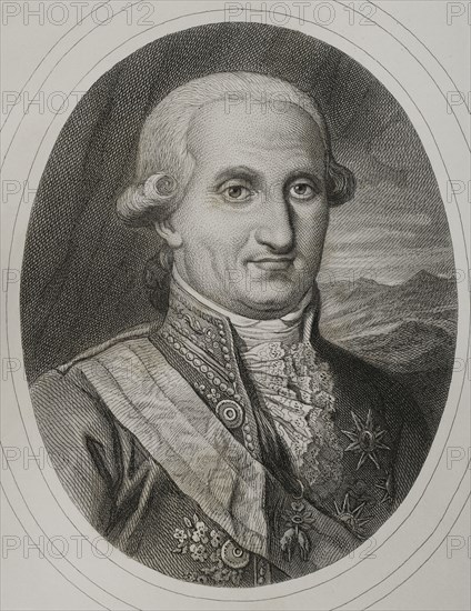 Charles IV (1748-1819). King of Spain (1788-1808), so-called el Cazador (the Hunter). Portrait. Engraving by Masson. Lithographed by Magín Pujadas. Historia General de España, by Modesto Lafuente. Volume IV. Published in Barcelona, 1879.