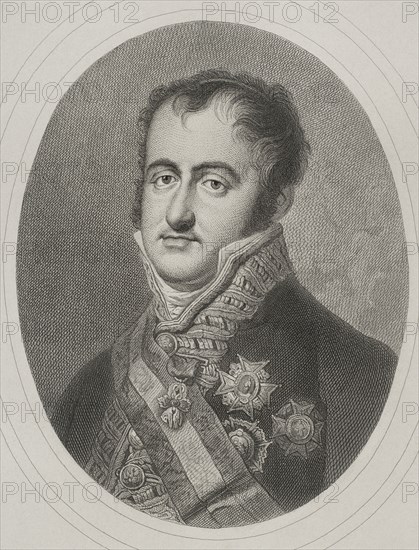 Ferdinand VII (1784-1833). King of Spain (1808-1833). Portrait. Engraving by Masson. Lithographed by Magín Pujadas. "Historia General de España", by Modesto Lafuente. Volume V. Published in Barcelona, 1880.