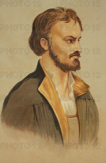 John Calvin (1509-1564). French theologian and reformer. Protestant reformer. Portrait. Chromolithography. "Historia Universal", by César Cantú. Volume VIII. Published in Barcelona, 1886.