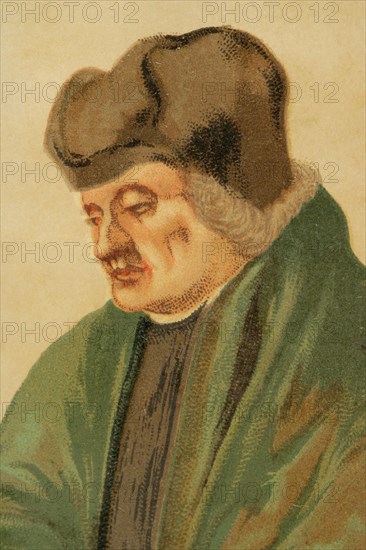 Erasmus (c. 1466-1536). Dutch theologian, philosopher and humanist. Portrait. Chromolithography. Historia Universal, by César Cantú. Volume VIII. Published in Barcelona, 1886.