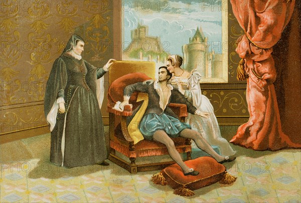 Charles IX of France (1550-1574). King of France from 1560 to 1574. Death of Charles IX. Chromolithography. Historia Universal by César Cantú. Volume VIII. Published in Barcelona, 1886.