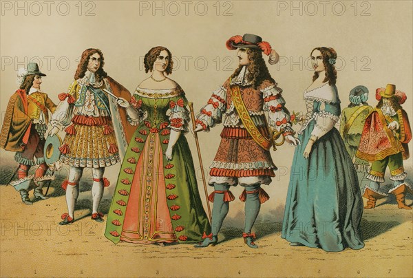 History of France (1600-1670). From left to right: musketeer, Philippe of Orleans, Queen consort Maria Theresa of Austria (1638-1683), King Louis XIV (1638-1715), court lady and two other musketeers in the background. Chromolithography. Historia Universal, by César Cantú. Volume VIII. Published in Barcelona, 1886.