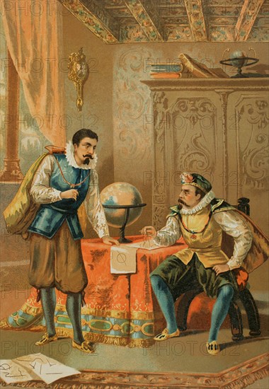 The Danish astronomer Tycho Brahe (1546-1601) together with the German astronomer Johannes Kepler (1571-1630). Kepler accepted Brahe's invitation to work together in Prague. Tycho Brahe and Johannes Kepler in the observatory in Prague. Chromolithography. Historia Univesal, by César Cantú. Volume VIII. Published in Barcelona, 1886.