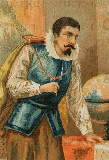 Johannes Kepler (1571-1630). German astronomer and mathematician. Kepler in the observatory in Prague. Chromolithography, detail. Historia Universal, by César Cantú. Volume VIII. Published in Barcelona, 1886.