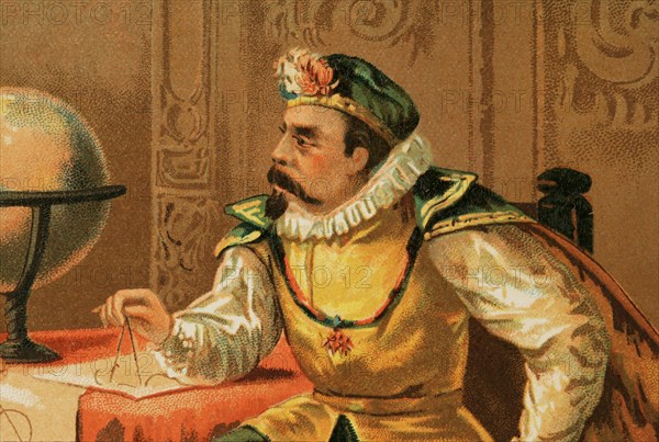 Tycho Brahe (1546-1601). Danish astronomer. Brahe at the Prague Observatory. Chromolithography, detail. Historia Universal, by César Cantú. Volume VIII. Published in Barcelona, 1886.