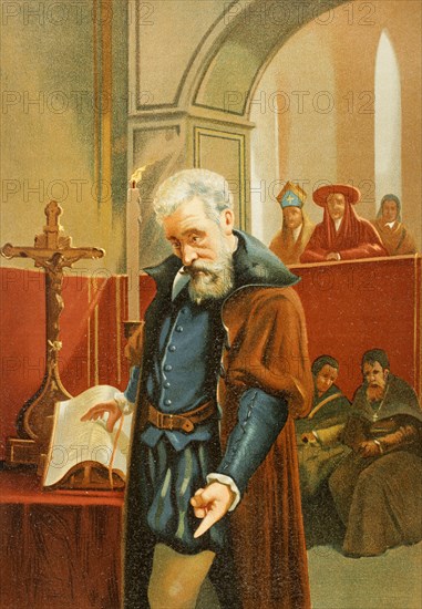 Galileo Galilei (1564-1642). Italian astronomer, mathematician and physicist. On 22 June 1633, Galileo was forced to abjure his doctrine before an inquisitorial tribunal, under the mandate of Pope Urban VIII. The trial was held at the Dominican convent of Santa Maria sopra Minerva in Rome. Chromolithography. Historia Universal, by César Cantú. Volume VIII. Published in Barcelona, 1886.