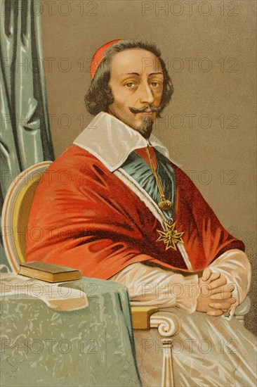 Cardinal de Richelieu (Armand Jean du Plessis) (1585-1642). French clergyman and statesman. Chief minister to King Louis XIII. Portrait. Chromolithography. Historia Universal, by César Cantú. Volume VIII. Published in Barcelona, 1886.