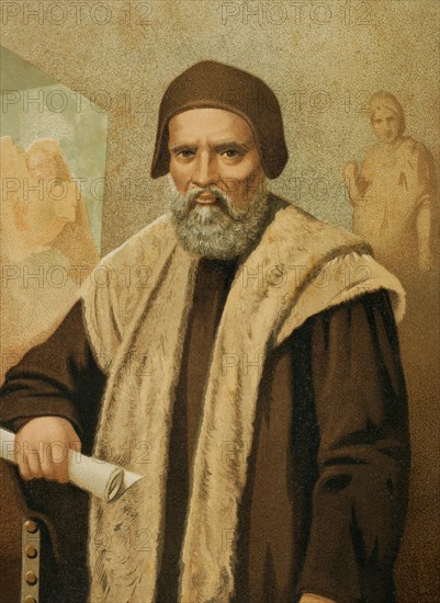 Michelangelo (Michelangelo Buonarroti) (1475-1564). Italian Renaissance painter, architect and sculptor. Portrait. Chromolithography. Historia Universal" by César Cantú. Volume VIII. Published in Barcelona, 1886.