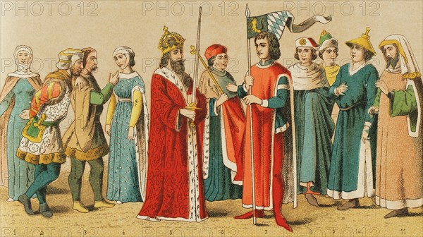 History of Germany. Middle Ages. 1400-1450. From left to right, 1: lady, 2-3: noblemen, 4: lady, 5: Emperor Sigismund, 6: ecclesiastical Elector, 7: Duke of Bavaria, 8-9: university costumes, 10-11: Jews. Chromolithography. ""Historia Universal"", by Cesar Cantu. Volume VII, 1881.