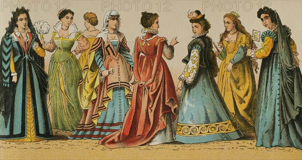 History of Italy. 1500-1600. Madam's dresses. ""Historia Universal"", by Cesar Cantu. Volume VII, 1881.