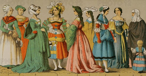 History of Germany. 1500-1550. Women's dresses from different social classes. Chromolithography. ""Historia Universal"", by Cesar Cantu. Volume VII, 1881.