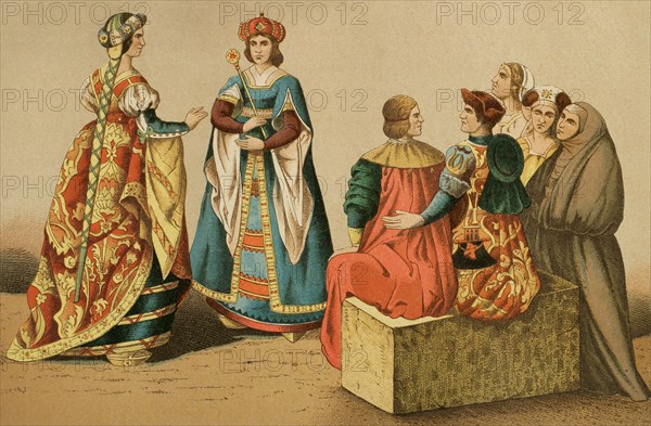 History of Spain. Spanish costumes of the 15th century. Chromolithography. ""Historia Universal"", by Cesar Cantu. Volume VII, 1881.