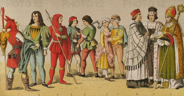 History of Germany. Middle Ages. 1450-1500. From left to right, 1: jester, 2: knight, 3: bailiff, 4: citizen, 5: carpenter, 6-7: plowmen, 8: canon, 9: university rector, 10: bishop. Chromolithography. ""Historia Universal"", by Cesar Cantu. Volume VIII, 1881.