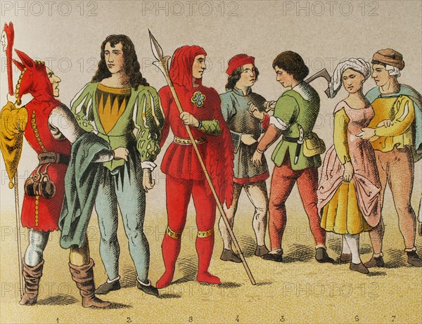 History of Germany. Middle Ages. 1450-1500. From left to right, 1: jester, 2: knight, 3: bailiff, 4: citizen, 5: carpenter, 6-7: plowmen. Chromolithography. ""Historia Universal"", by Cesar Cantu. Volume VII, 1881.