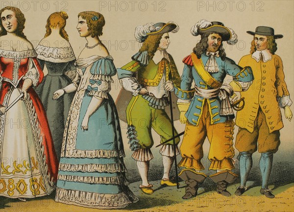 History of France. 1600-1670. From right to left, 1: merchant, 2: soldier, 3: knight, 4-5-6: noblewomen. Chromolithography. ""Historia Universal"", by Cesar Cantu. Volume VIII, 1881.