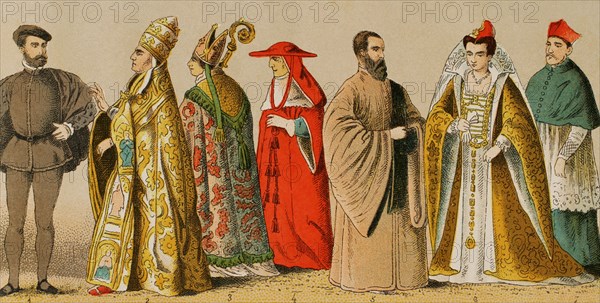 History of Italy. 1500. From left to right, 1: Venetian knight, 2: Pontifical vestment, 3: Assistant at the papal throne, 4: cardinal, 5: Procurator of Saint Mark, 6: wife of the Doge, 7: cardinal. Chromolithography. ""Historia Universal"", by Cesar Cantu. Volume VIII, 1881.