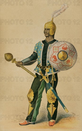 Ancient Persia. Timurid Empire. 15th century Persian general. Chromolithography. ""Historia Universal"", by Cesar Cantu. Volume IX, 1881.