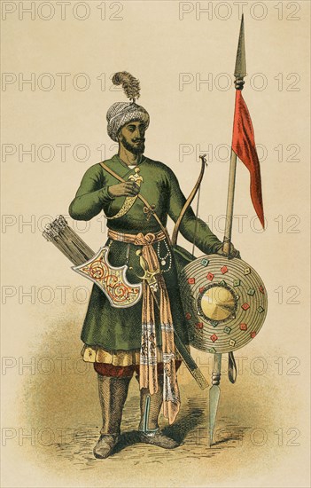 15th-century Hindu warrior. Chromolithography. ""Historia Universal"", by Cesar Cantu. Volume IX, 1881.