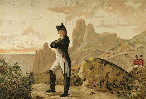 Napoleon Bonaparte (1769-1821). French military and political leader. As Napoleon I, he was Emperor of France (1804-1815). He was imprisoned and banished by the British to Saint Helena Island, in the Atlantic Ocean, on 15 July 1815. Napoleon in exile on St. Helena, 1815-1821. Chromolithography. ""Historia Universal"", by Cesar Cantu. Volume IX, 1881.