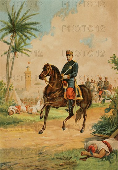 Leopoldo O'Donnell (1809-1867). Spanish military and politician. President of the Spanish government on several occasions after Espartero's Progressive Biennium (1854–1856). Equestrian portrait on the occasion of his participation in the Hispano-Moroccan War (1859-1860), taking command of his troops at the Battle of Tetuan on 4 February 1860. Chromolithography. ""Historia Universal"", by Cesar Cantu. Volume X, 1881.