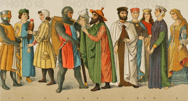 History of Germany. Middle Ages. 1200. From left to right, 1: knight, 2: physician, 3: falconer, 4: knight, 5-6: Jews, 7: Knight of the Teutonic Order, 8-9-10-11: noblewomen. Chromolithography. ""Historia Universal"", by Cesar Cantu. Volume X, 1881.