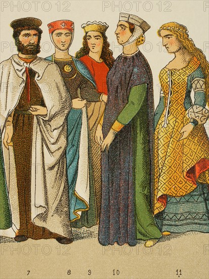 History of Germany. Middle Ages. 1200. From left to right, 7: Knight of the Teutonic Order, 8-9-10-11: noblewomen. Chromolithography. ""Historia Universal"", by Cesar Cantu. Volume X, 1881.