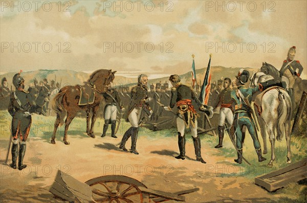 Peninsular War. Battle of Bailen. First victory of the Spanish army led by General Castanos (July 19, 1808). Surrender of General Dupont. Chromolithography. ""Historia Universal"", by Cesar Cantu. Volume X, 1881.