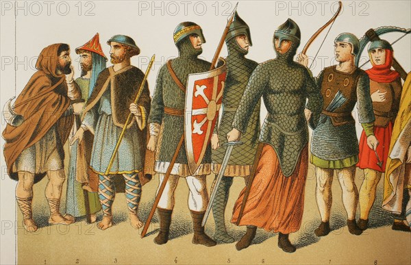 Normans, 1000-1100. From left to right, 1: shepherd, 2: nobleman, 3: pilgrim, 4-5-6-7-8: warriors. Chromolithography. ""Historia Universal"", by Cesar Canto. Volume V, 1884.