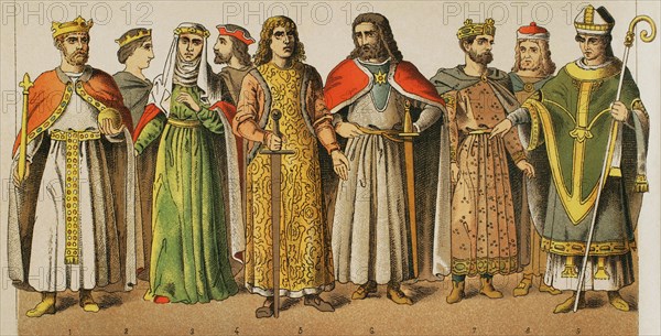 Holy Roman Empire, 1000-1100. From left to right, 1: Emperor Frederick Barbarossa (1122-1190), 2: princess, 3: Henry the Lion's wife, 4-5-6: noblemen, 7: king, 8: nobleman, 9: bishop. Chromolithography. ""Historia Universal"", by Cesar Canto. Volume V, 1884.