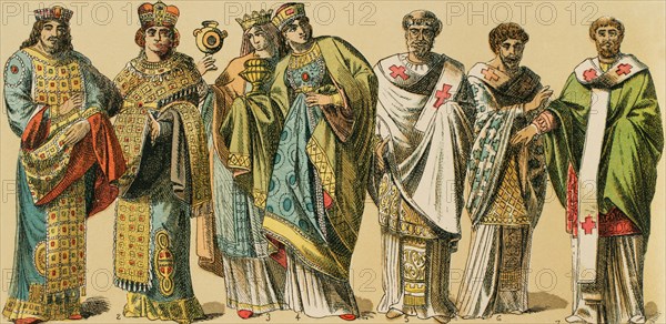 Byzantines, 1000-1200. From left to right, 1: regal gown, 2: women's regal gown, 3: women's regal gown with stola and second tunic, 4: women's regal gown with stola, second tunic and mantle, 5-6-7: priest's vestments. Chromolithography. ""Historia Universal"", by Cesar Canto. Volume V, 1884.