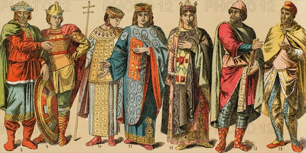 Byzantines, 1000-1200. From left to right: 8-9: warriors, 10: regal gown, 11: empress, 12: women's regal gown, with stole, tunic and mantle, 13-14: men's dress. Phrygian cap. Chromolithography. ""Historia Universal"", by Cesar Canto. Volume V, 1884.