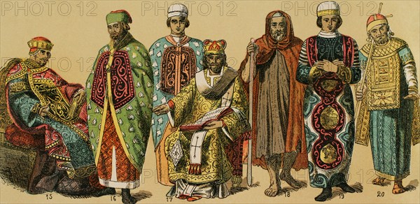 Byzantines, 1000-1200. From left to right, 15: emperor, 16: court assistant, 17: prelate's costume, 18: lonely man who dwelled in deserts, 19: court assistant, 20: regal costume. Emperor of the late times. Chromolithography. ""Historia Universal"", by Cesar Canto. Volume V, 1884.