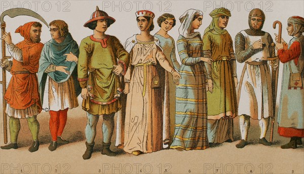 History of France, 1100. From left to right, 1-2: ploughmen, 3: nobleman, 4-5-6-7: noble ladies, 8: warrior, 9: pilgrim. Chromolithography. ""Historia Universal"", by Cesar Canto. Volume V, 1884.