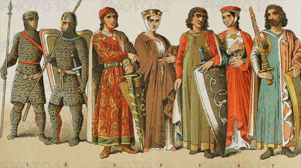 Holy Roman Empire, 1000-1100. From left to right, 1-2: warriors, 3-4-5-6-7: prince, princess and nobles of the 12th century. Chromolithography. ""Historia Universal"", by Cesar Canto. Volume V, 1884.