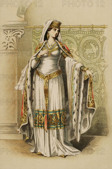 Noblewoman from the time of the reign of Emperor Frederick Barbarossa (1155-1199). Chromolithography. ""Historia Universal"", by Cesar Canto. Volume V, 1884.