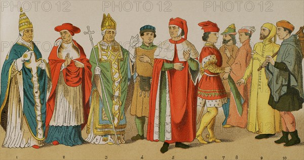 History of Italy. 1300. From left to right, 1: Pope, 2: cardinal, 3: archbishop, 4: citizen, 5-6-7-8: knights, 9: citizen, 10: henchman. Country people's vestment. Chromolithography. ""Historia Universal"", by Cesar Cantu. Volume VI, 1885.