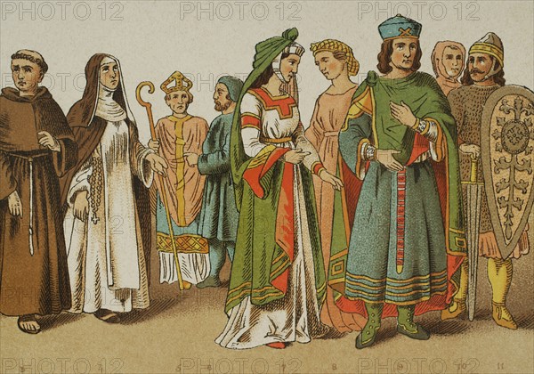 History of Italy. 1200. From left to right, 3: Franciscan, 4: Dominican, 5: Cardinal Legate, 6: bishop in travelling dress, 7: Venetian dame, 8: Italian dame, 9: Venetian knight, 10: ordinary people dress, 11: warrior. Chromolithography. ""Historia Universal"", by Cesar Cantu. Volume VI, 1885.