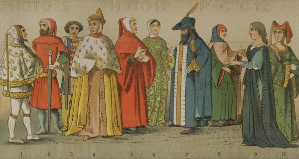 History of Italy. 1300. From left to right, 1: Cimabue (1240-1302), 2-3: distinguished men, 4: Doge of Venice, 5: Petrarch (1304-1374), 6: Laura (woman idealised by Petrarch in his poems), 7: distinguished man, 8: magistrate, 9 -10: dames. Chromolithography. ""Historia Universal"", by Cesar Cantu. Volume VI, 1885.