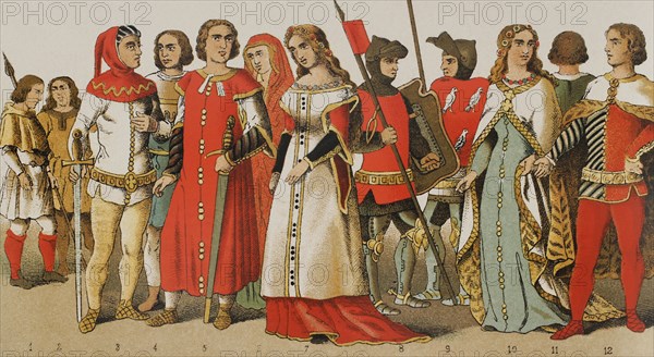 History of Spain. 1300. From left to right, 1-2: hunters, 3-4-5: noblemen, 6-7: noble ladies, 8-9: warriors, 10: noble lady, 11-12: noblemen. Chromolithography. ""Historia Universal"", by Cesar Cantu. Volume VI, 1885.